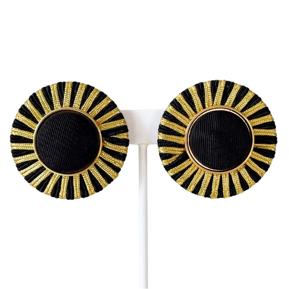 Vintage handmade black and gold cloth button earrings - Picture 1 of 6